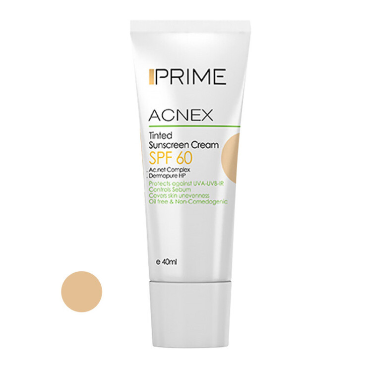کرم ضدآفتاب رنگی پرایم، با SPF60، مدل Acnex، حاوی محافظ PA+++ ،UVA ،UVB