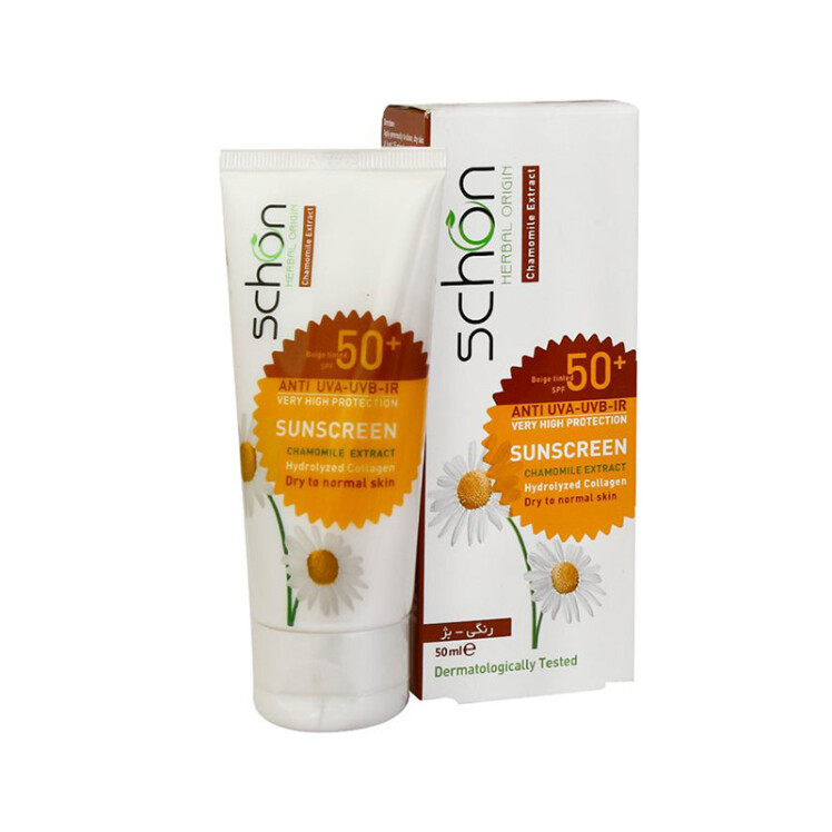 کرم ضدآفتاب شون با رنگ بژ، با +SPF50، حاوی محافظ UVA ،UVB، حاوی عصاره بابونه